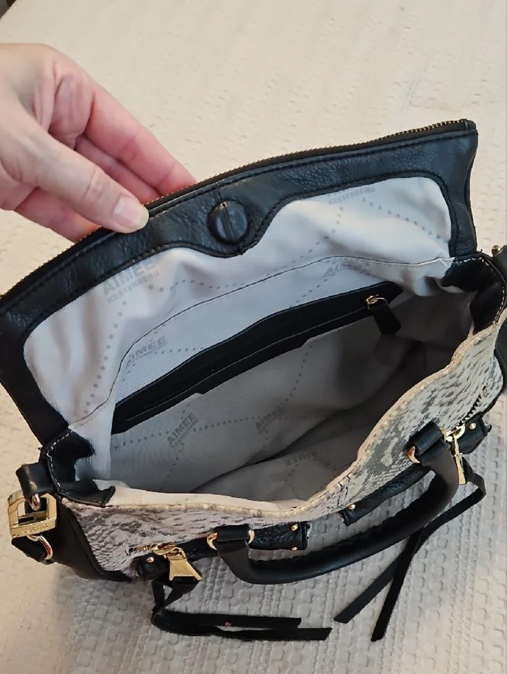 Aimee Kestenberg Black and Gray Snake-Print Satchel with Gold Hardware